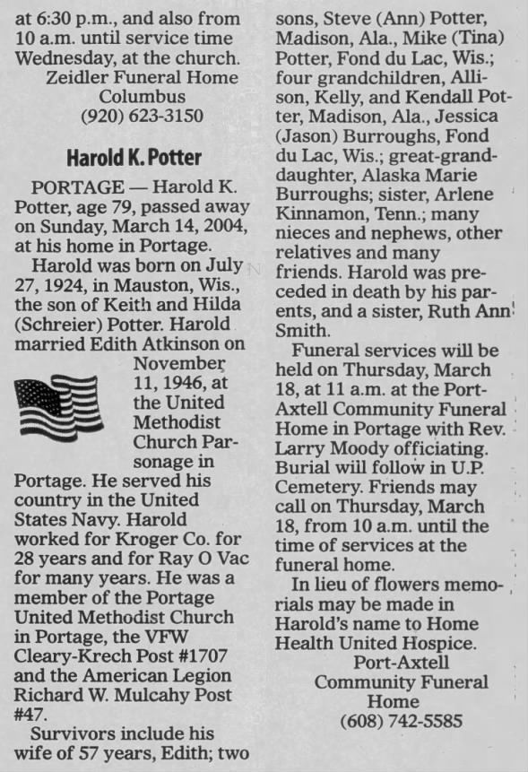 Harold K. Potter Obit